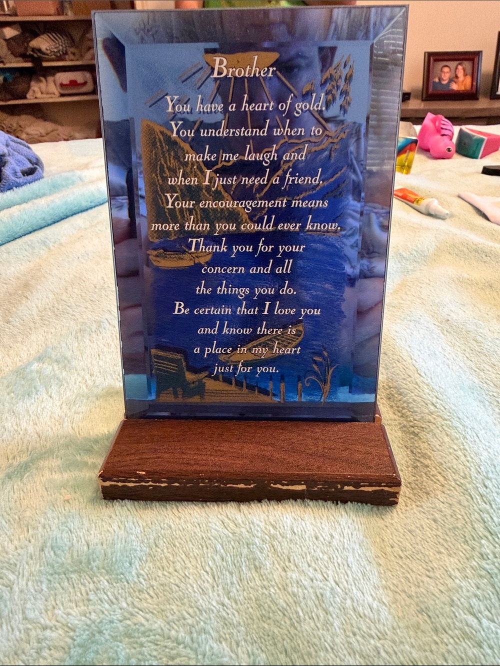 Blue Brother Glass Plaque on Wooden Base - Sentimental Gift